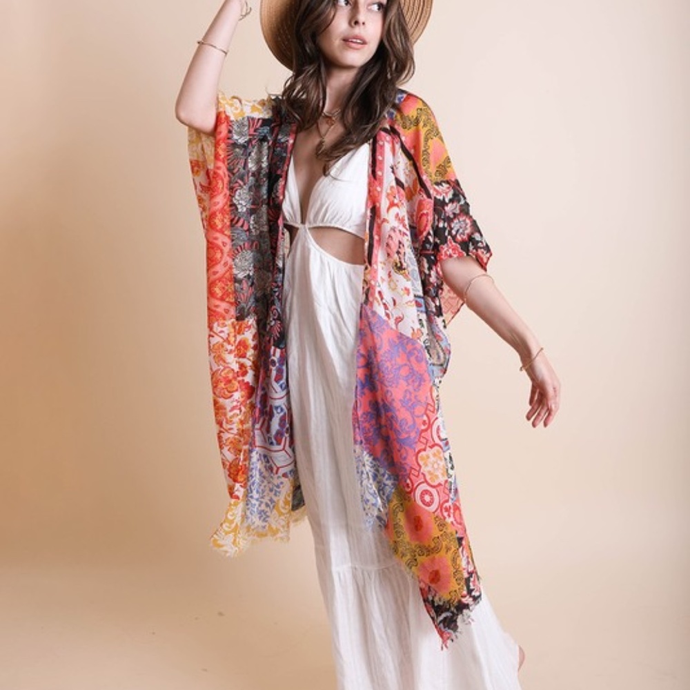 Boho Colorful Floral Patchwork Open Front Cover up Kimono - Picture 7 of 8